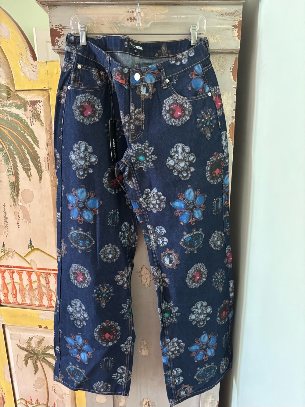 Fashion Nova Dark Blue Jewel-Print Straight Leg Jeans